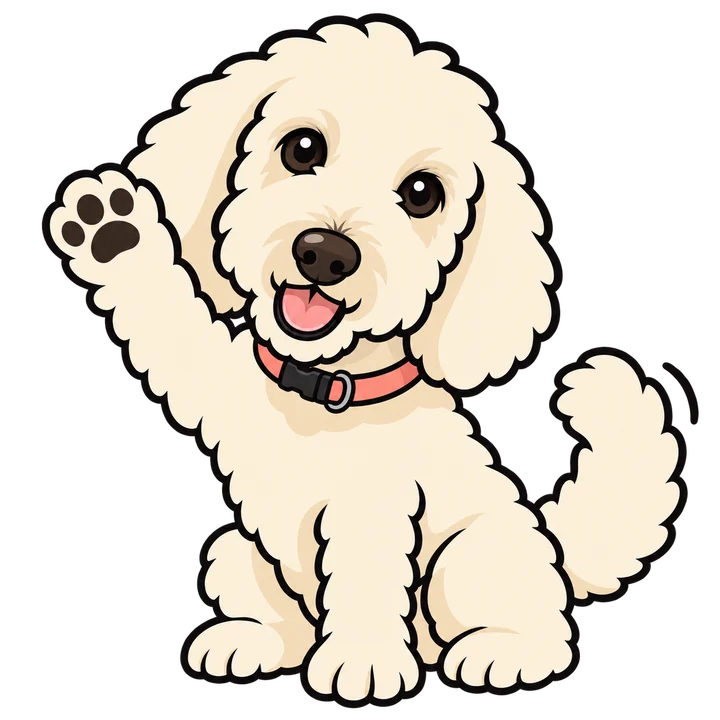 Maizy, a cream Labradoodle in a coral collar, waving hello